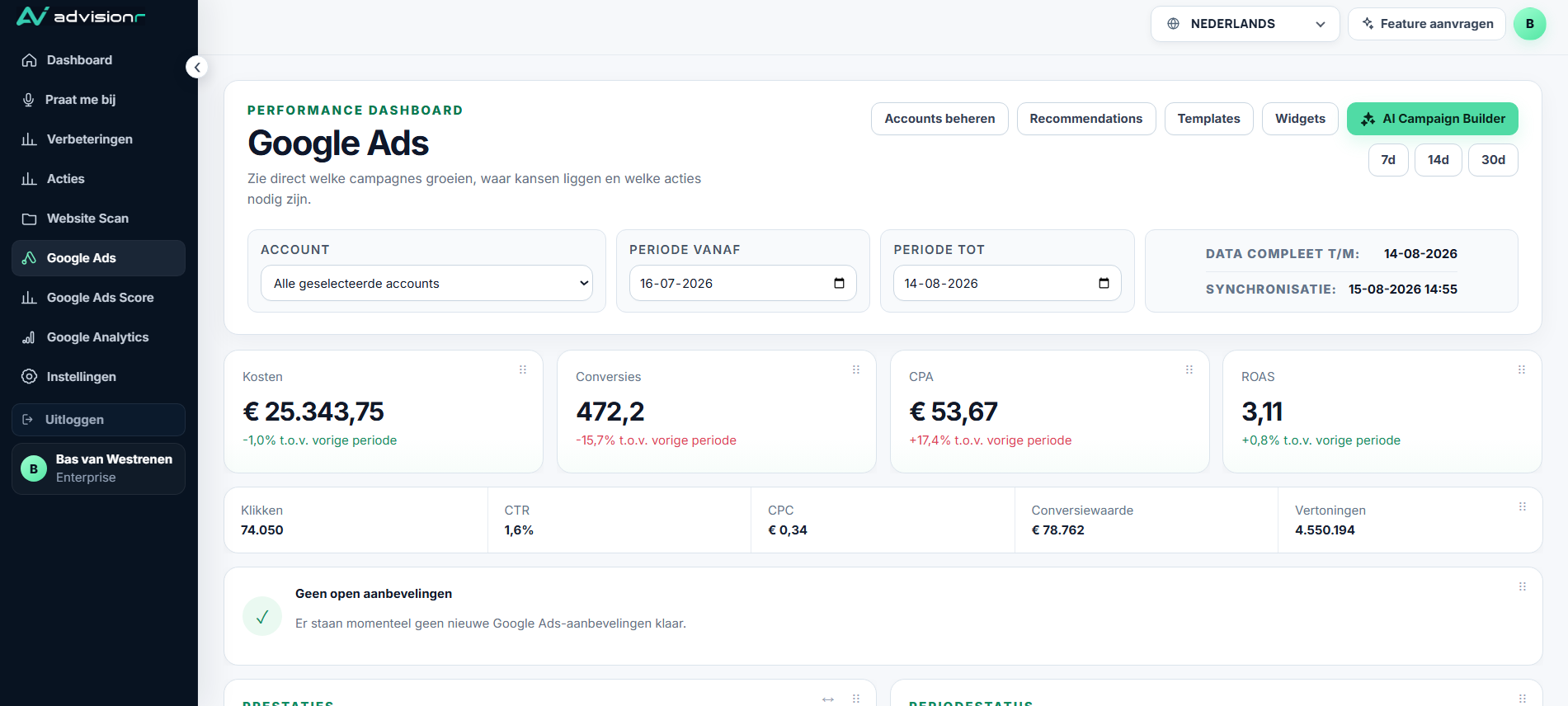 Advisionr Google Ads user dashboard