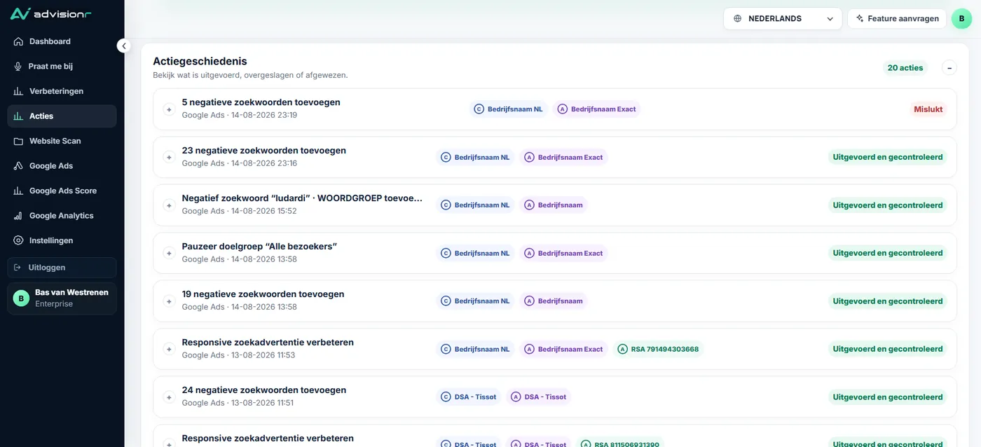 Advisionr One Click optimalisaties in het Action Center