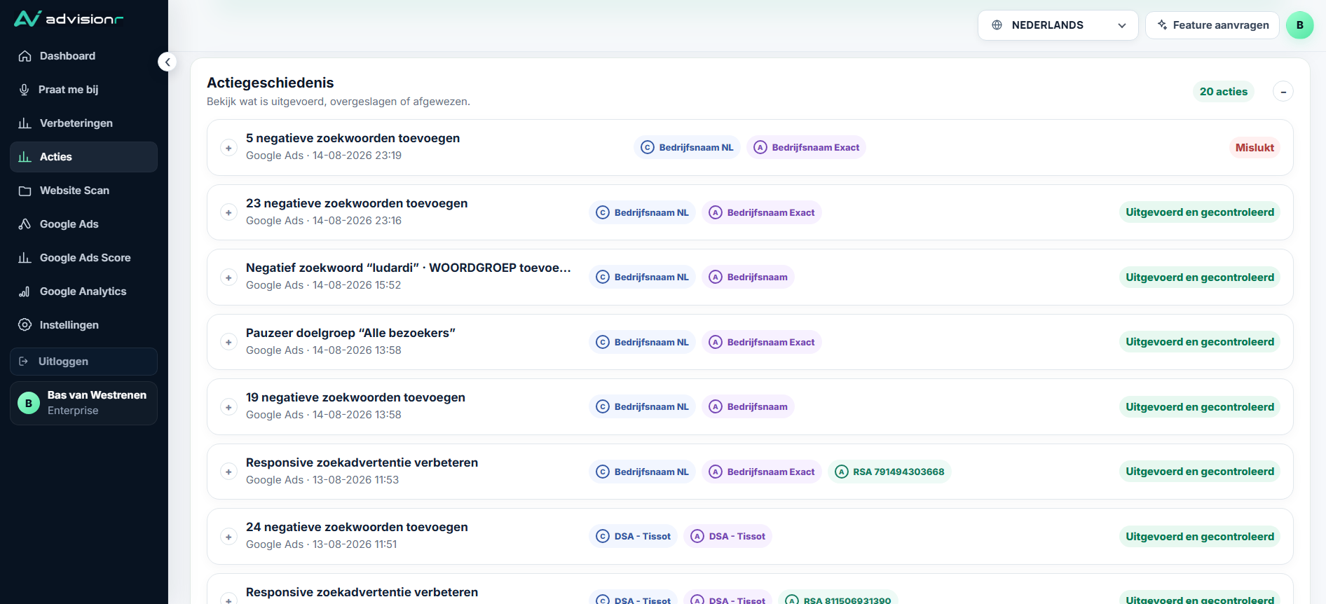 Advisionr One Click optimalisaties in het Action Center